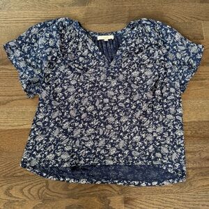 LOFT Navy and Cream Floral Cotton Blouse Size XL